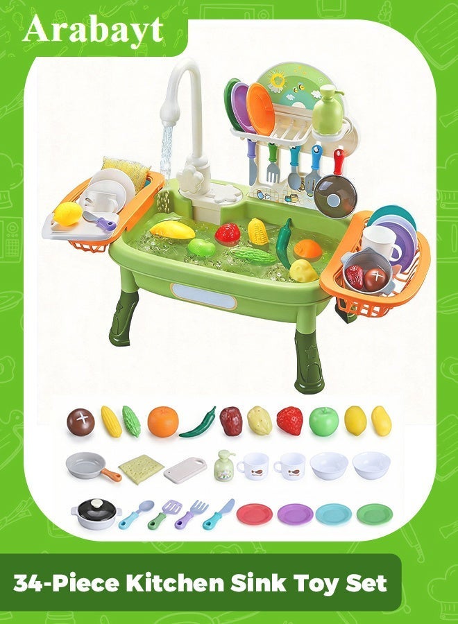 أرابايت مجموعة ألعاب مطبخ متينة مكونة من 34 قطعة مع محرك مطور ومياه جارية، لعبة غسالة أطباق أوتوماتيكية تدوم طويلاً للأطفال (خضراء) - Image 1